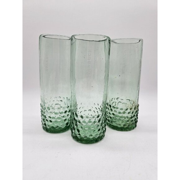 Starbucks Handblown Green Tall 7" Glasses Tumbler Hobnail Lot Of 3 Boho Recycled - Picture 2 of 9